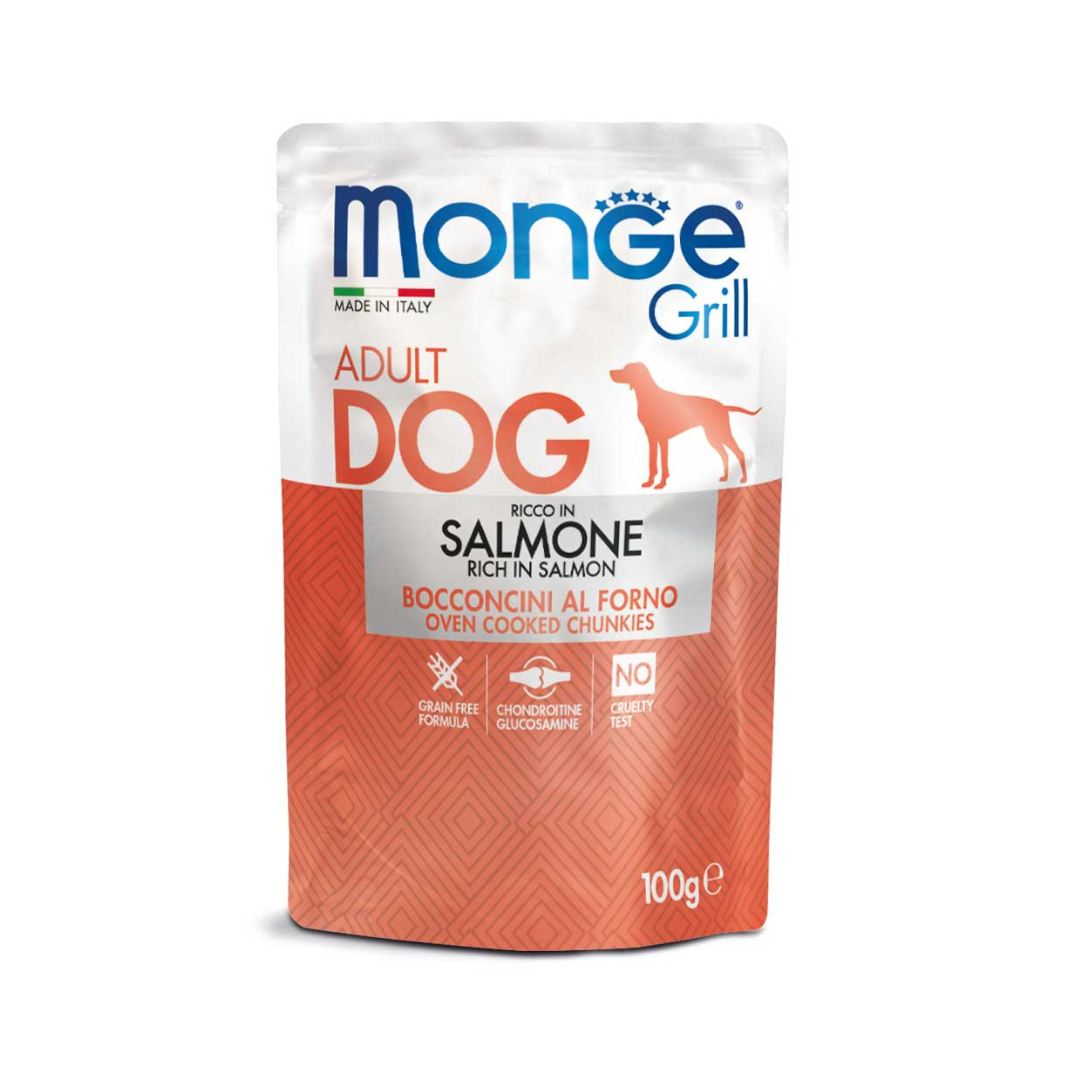 Monge Umido Cane, Monge Grill Salmone bocconcini, umido cane grain free salmone, bocconcini gelatina glucosamina condroitina, alimento umido superpremium cane