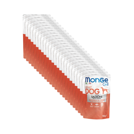 Monge Umido Cane, Monge Grill Salmone bocconcini, umido cane grain free salmone, bocconcini gelatina glucosamina condroitina, alimento umido superpremium cane