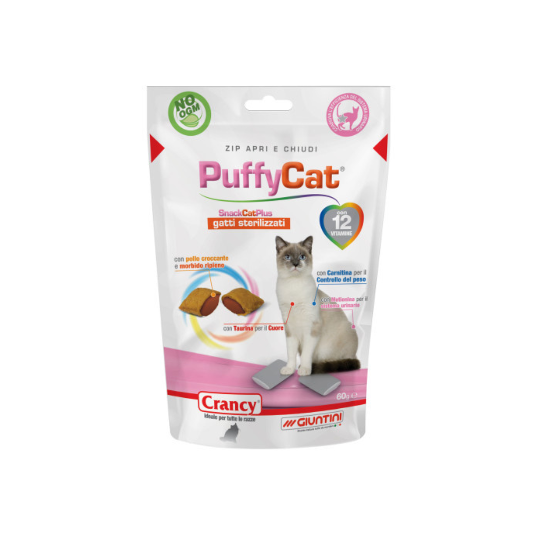 snack croccante con ripieno per gatti sterilizzati, snack gatto sterilizzato, Crancy Puffy Cat Giuntini, snack vitamina gatti sterilizzati, igiene orale snack gatto sterilizzato