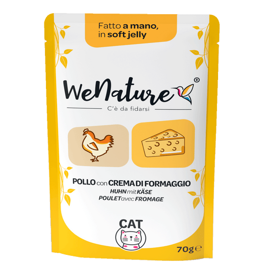 We Nature bustine gelatina gatto adulto 70g, We Nature umido naturale fatto a mano, umido gelatina cotto al vapore gatto, senza conservanti umido gatto WeNature, cibo complementare naturale gatto We Nature, topper umido in gelatina per gatto