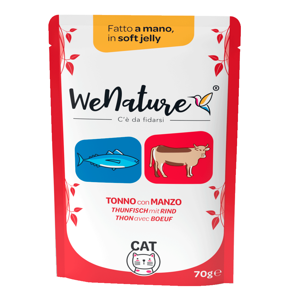 We Nature bustine gelatina gatto adulto 70g, We Nature umido naturale fatto a mano, umido gelatina cotto al vapore gatto, senza conservanti umido gatto WeNature, cibo complementare naturale gatto We Nature, topper umido in gelatina per gatto
