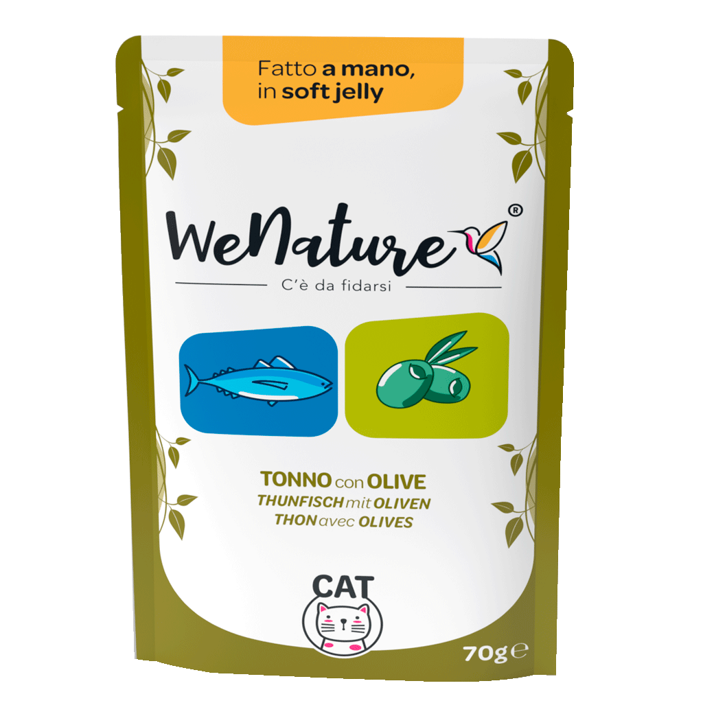 We Nature bustine gelatina gatto adulto 70g, We Nature umido naturale fatto a mano, umido gelatina cotto al vapore gatto, senza conservanti umido gatto WeNature, cibo complementare naturale gatto We Nature, topper umido in gelatina per gatto