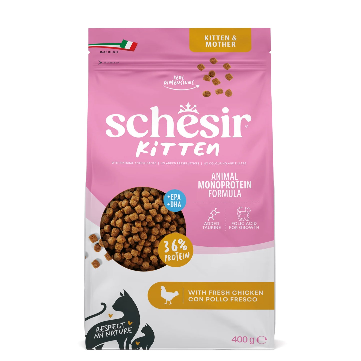 schesir gatto, schesir crocchette gatto, crocchette kitten gatto, alimento monoproteico gattini, crocchette gatto pollo kitten, cibo secco gattino 400g, alimento gatto con DHA EPA, crocchette gatto con taurina, alimento crescita gattini, crocchette gattino made in Italy, cibo premium kitten gatto