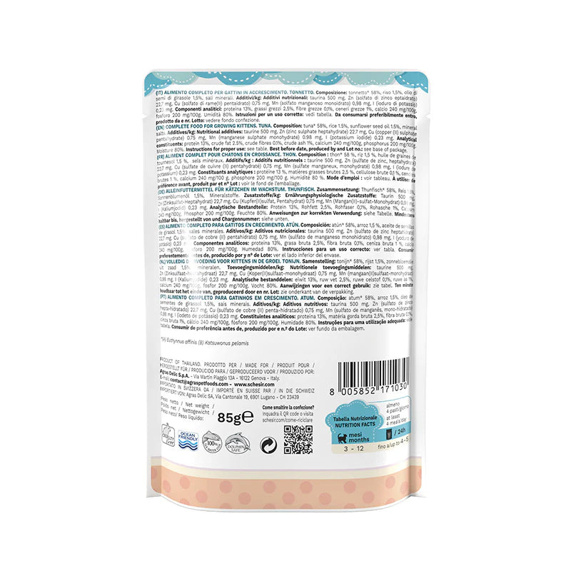 Schesir Kitten Care tonnetto gelatina, umido gattini tonnetto jelly 85g, alimento completo cuccioli gatto Schesir, brodo in gelatina gattini crescita, umido gatto cucciolo, umido gatti cuccioli