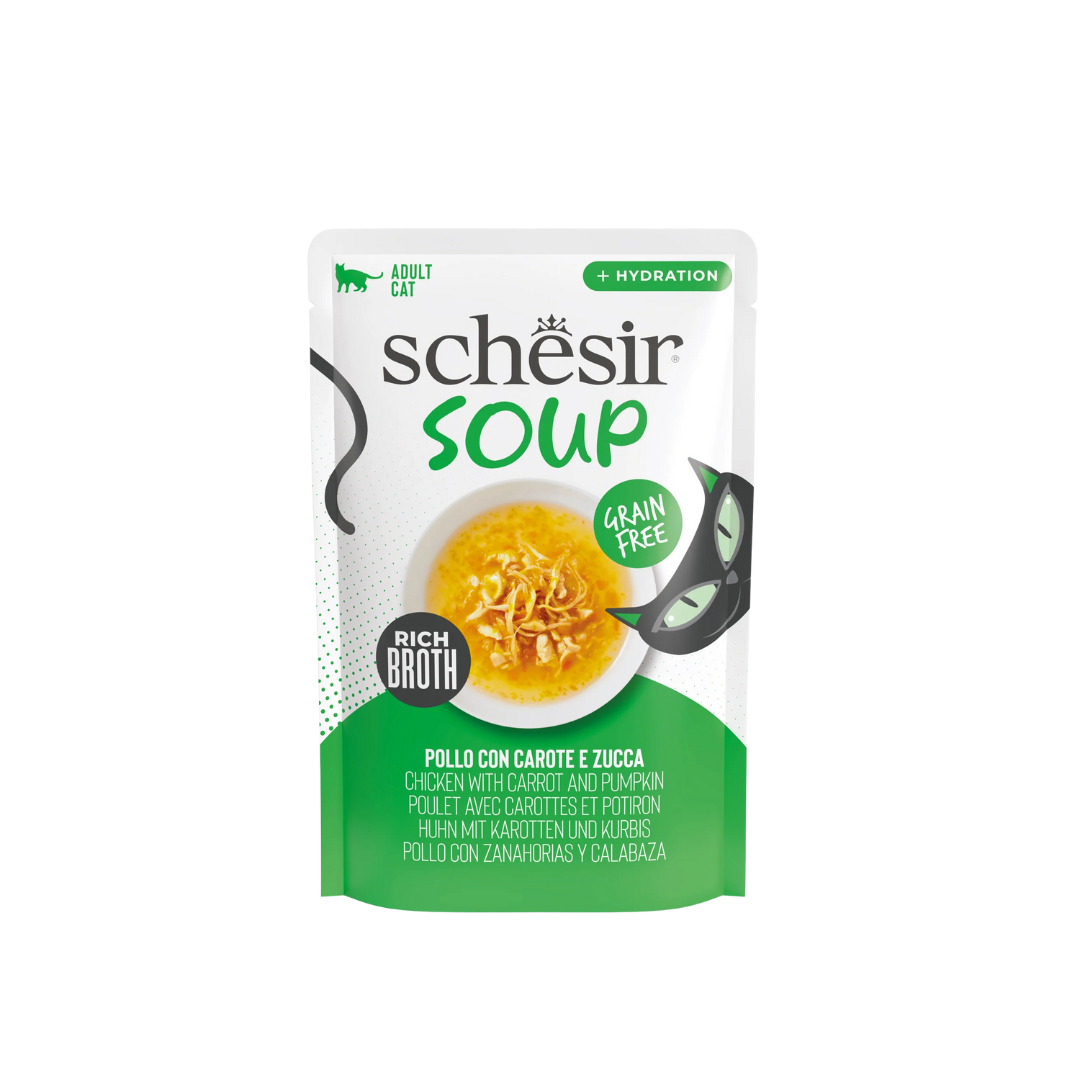 zuppa gatti senza cereali, Schesir Soup umido gatti brodo, snack idratante gatti grain free, zuppa complementare per gatti adulti, Schesir zuppa naturale gatti
