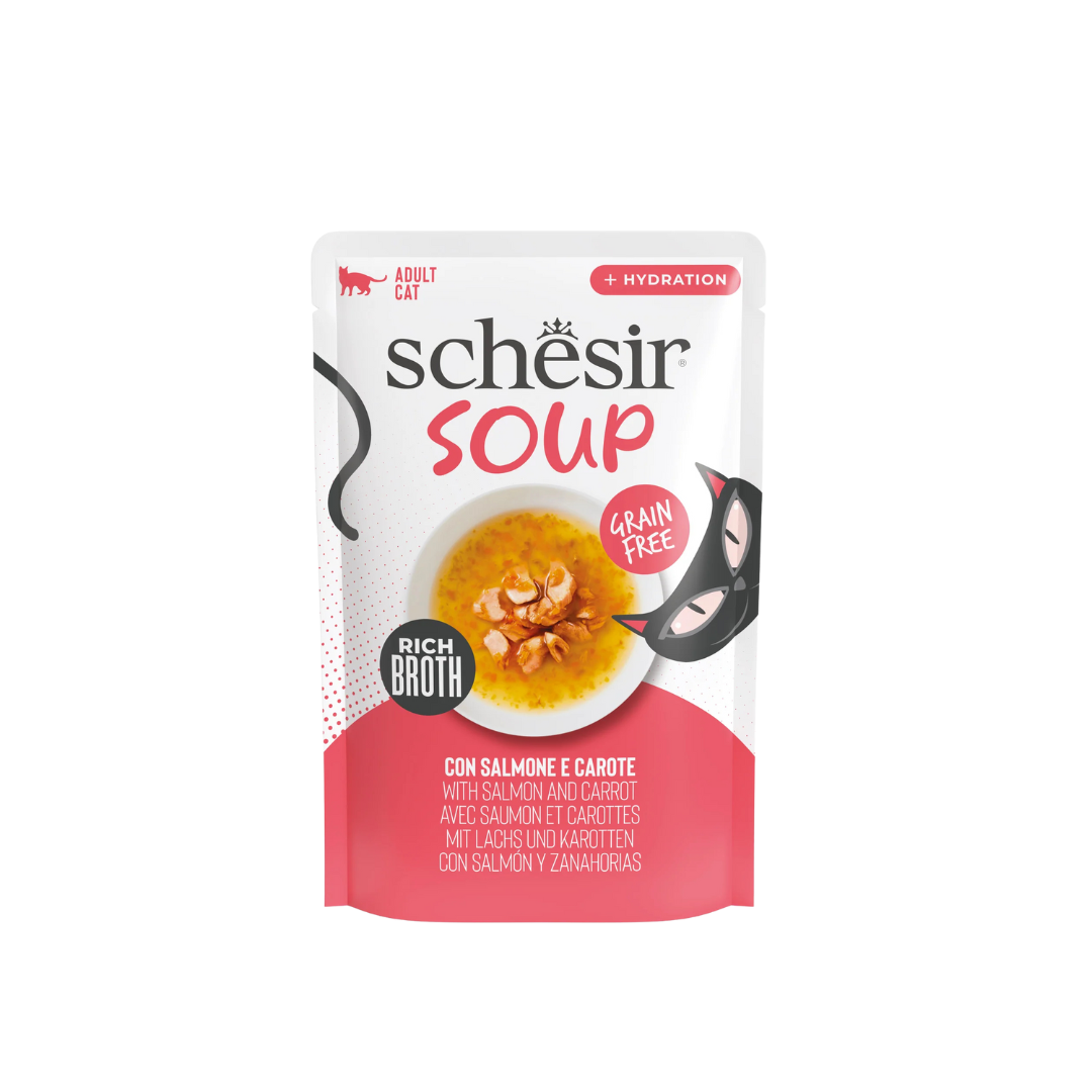 zuppa gatti senza cereali, Schesir Soup umido gatti brodo, snack idratante gatti grain free, zuppa complementare per gatti adulti, Schesir zuppa naturale gatti