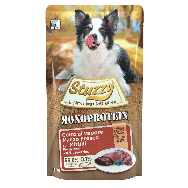 Stuzzy Dog Monoprotein 150g, umido monoproteico cani adulti 150 g, cibo umido cane cotto al vapore Stuzzy, alimentazione semplice cane fonte unica proteica, umido cane adulto senza cereali 150g, busta umido cane adulto Stuzzy monoprotein, alimento completo cane monoproteico vapore