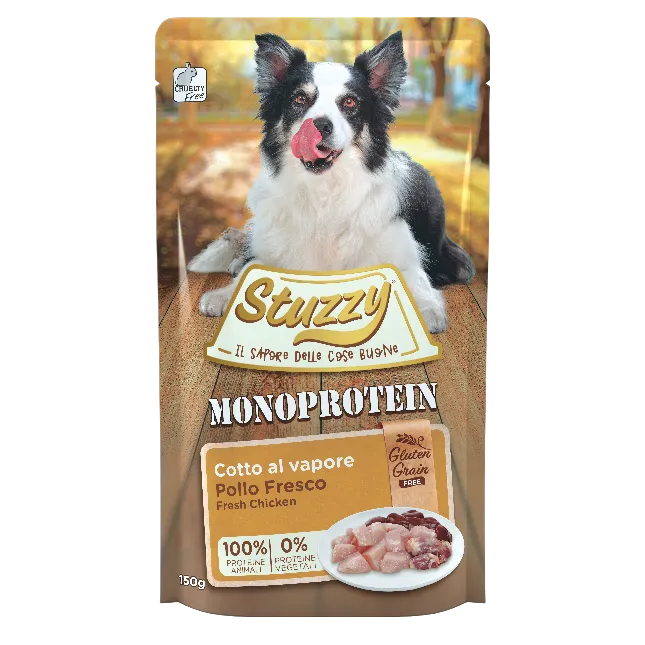 Stuzzy Dog Monoprotein 150g, umido monoproteico cani adulti 150 g, cibo umido cane cotto al vapore Stuzzy, alimentazione semplice cane fonte unica proteica, umido cane adulto senza cereali 150g, busta umido cane adulto Stuzzy monoprotein, alimento completo cane monoproteico vapore