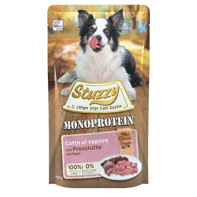 Stuzzy Dog Monoprotein 150g, umido monoproteico cani adulti 150 g, cibo umido cane cotto al vapore Stuzzy, alimentazione semplice cane fonte unica proteica, umido cane adulto senza cereali 150g, busta umido cane adulto Stuzzy monoprotein, alimento completo cane monoproteico vapore