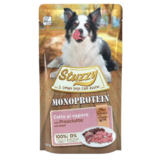 Stuzzy Dog Monoprotein 150g, umido monoproteico cani adulti 150 g, cibo umido cane cotto al vapore Stuzzy, alimentazione semplice cane fonte unica proteica, umido cane adulto senza cereali 150g, busta umido cane adulto Stuzzy monoprotein, alimento completo cane monoproteico vapore