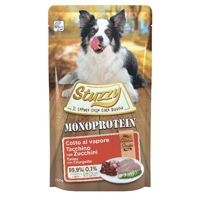 Stuzzy Dog Monoprotein 150g, umido monoproteico cani adulti 150 g, cibo umido cane cotto al vapore Stuzzy, alimentazione semplice cane fonte unica proteica, umido cane adulto senza cereali 150g, busta umido cane adulto Stuzzy monoprotein, alimento completo cane monoproteico vapore