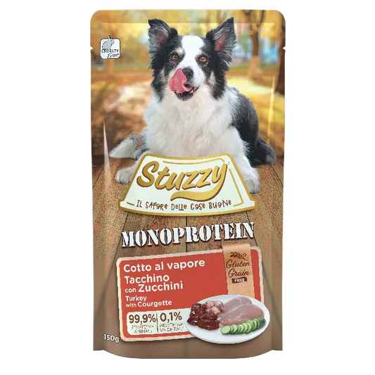 Stuzzy Dog Monoprotein 150g, umido monoproteico cani adulti 150 g, cibo umido cane cotto al vapore Stuzzy, alimentazione semplice cane fonte unica proteica, umido cane adulto senza cereali 150g, busta umido cane adulto Stuzzy monoprotein, alimento completo cane monoproteico vapore