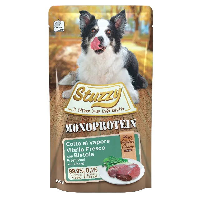 Stuzzy Dog Monoprotein 150g, umido monoproteico cani adulti 150 g, cibo umido cane cotto al vapore Stuzzy, alimentazione semplice cane fonte unica proteica, umido cane adulto senza cereali 150g, busta umido cane adulto Stuzzy monoprotein, alimento completo cane monoproteico vapore