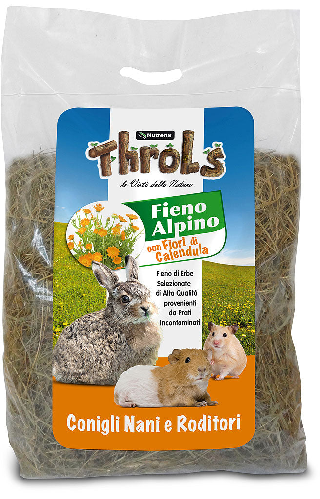 Fieno per conigli, fieno alpino con calendula, fieno roditori conigli cavie, alimentazione naturale conigli, Throls fieno con calendula, fieno ricco di fibre roditori
