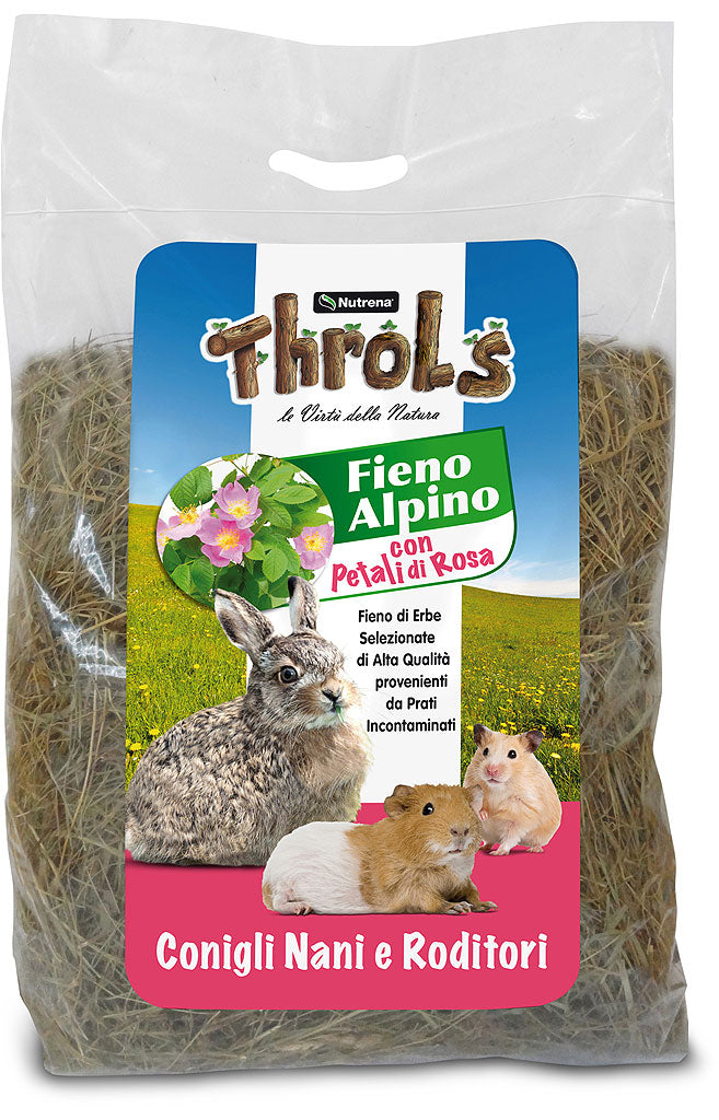 Fieno per conigli, fieno alpino con rosa, fieno roditori conigli cavie, alimentazione naturale conigli, Throls fieno con tarassaco, fieno ricco di fibre roditori, fieno con petali di rosa