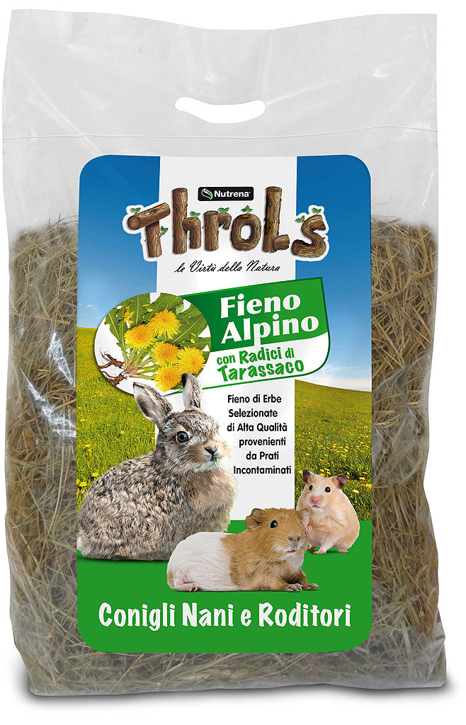 Fieno per conigli, fieno alpino con tarassaco, fieno roditori conigli cavie, alimentazione naturale conigli, Throls fieno con tarassaco, fieno ricco di fibre roditori, fieno con radici di tarassaco