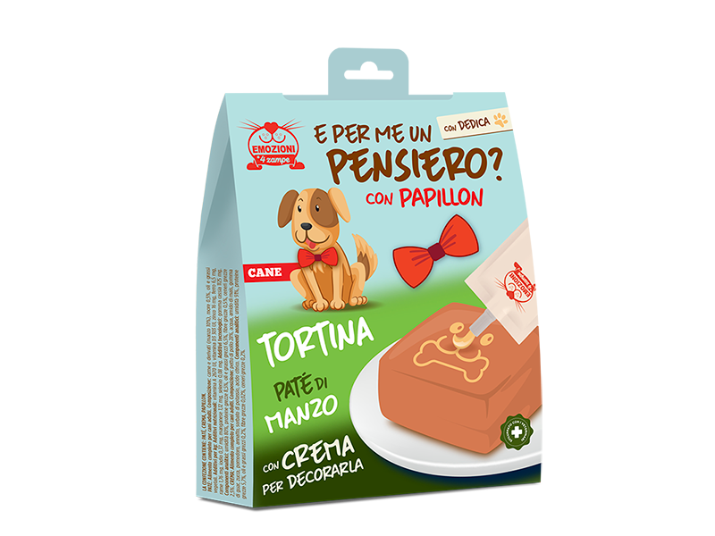 tortina compleanno cane, torta cane, torta per cane, torta per cani, tortina snack paté manzo per cani, tortina compleanno cane paté, torta per cani regalo, snack manzo cialda papillon cane, Emozioni a 4 Zampe tortina cane