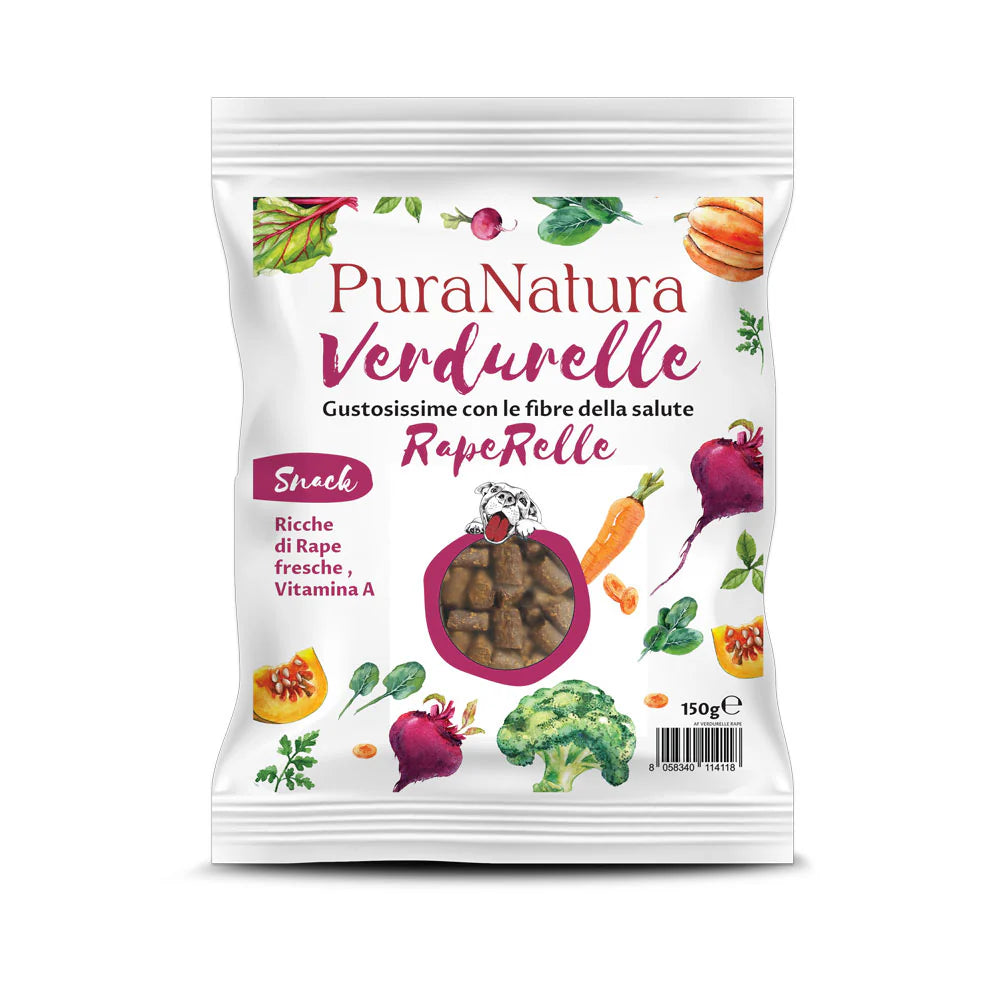 snack vegetale per cani, verdure essiccate per cani, premio sano cane, snack senza glutine cane, snack veg cane, Pura Natura Verdurelle, snack naturale cane