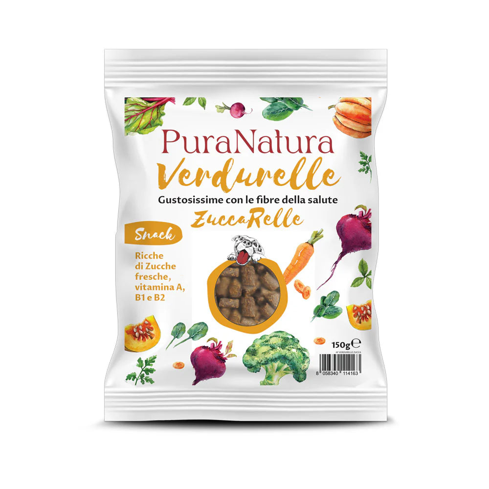 snack vegetale per cani, verdure essiccate per cani, premio sano cane, snack senza glutine cane, snack veg cane, Pura Natura Verdurelle, snack naturale cane