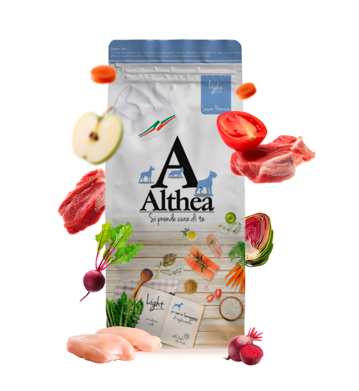 crocchette light per cani, alimento leggero cani in sovrappeso, Althea Light, crocchette con salmone e riso light, crocchette con omega 3 per cani, dieta light made in Puglia
