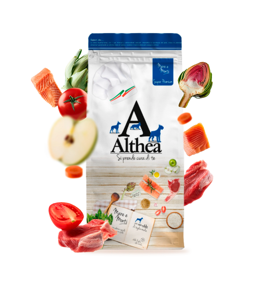 Apporto proteico completo da carne e pesce per muscoli forti, Idoneo a mantenere cute sana e pelo lucido, Supporto digestivo naturale e azione antiossidante, Formula ricca e 100% italiana, senza OGM e conservanti, Ideale per cani attivi e con sensibilità alimentari