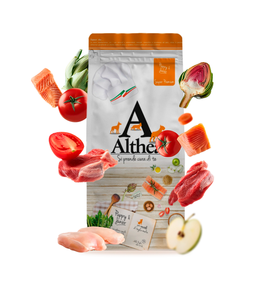 crocchette puppy taglia piccola, alimento cuccioli proteico, crocchette con salmone, cibo secco cane crescita, Althea Puppy & Junior, crocchette con uova, crocchette con omega 3 cuccioli