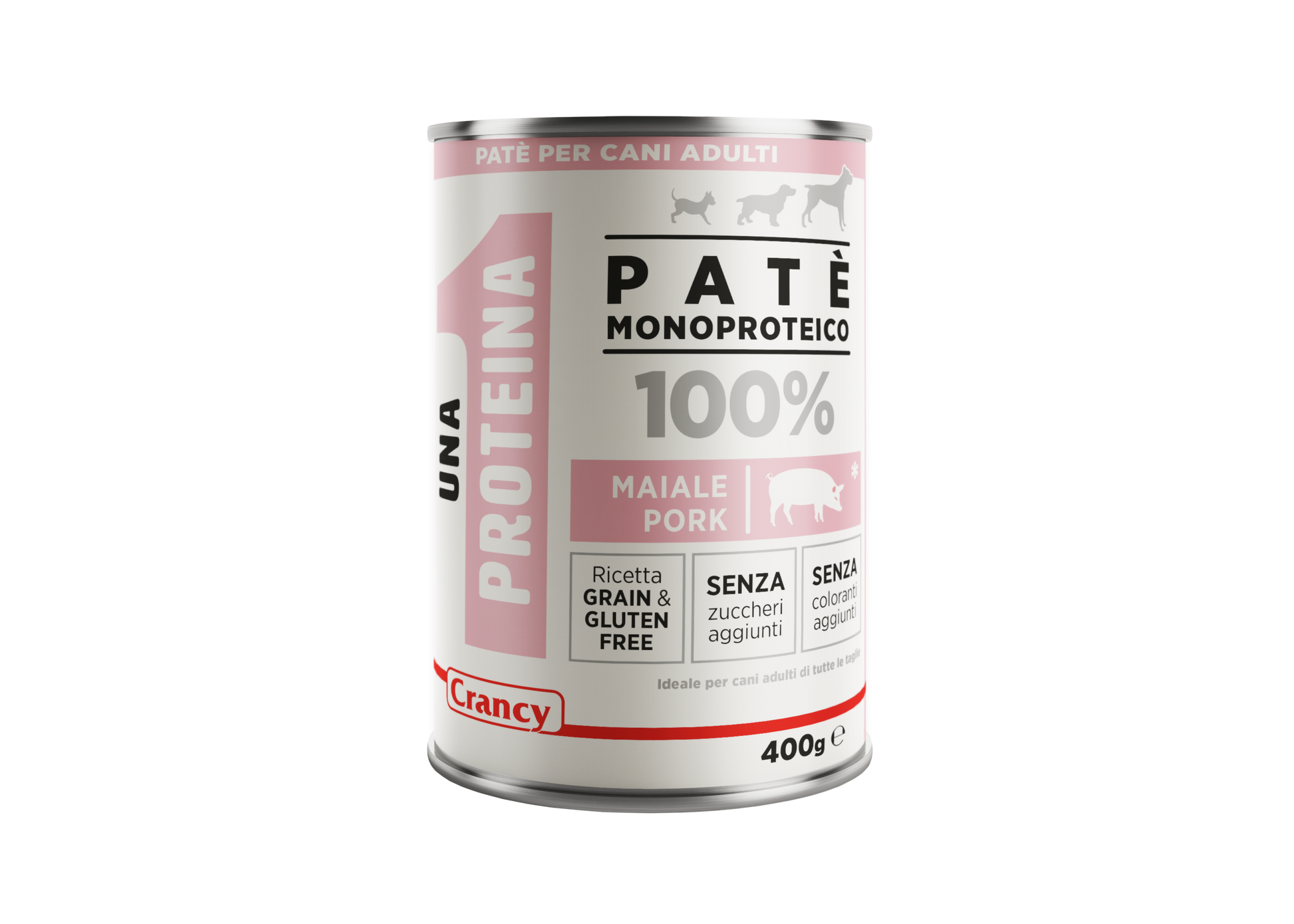patè monoproteico cane, umido monoproteico cane, Crancy 1 Proteina umido cane, umido grain free cane maiale, cibo completo cane sensibile, alimentazione cane senza cereali