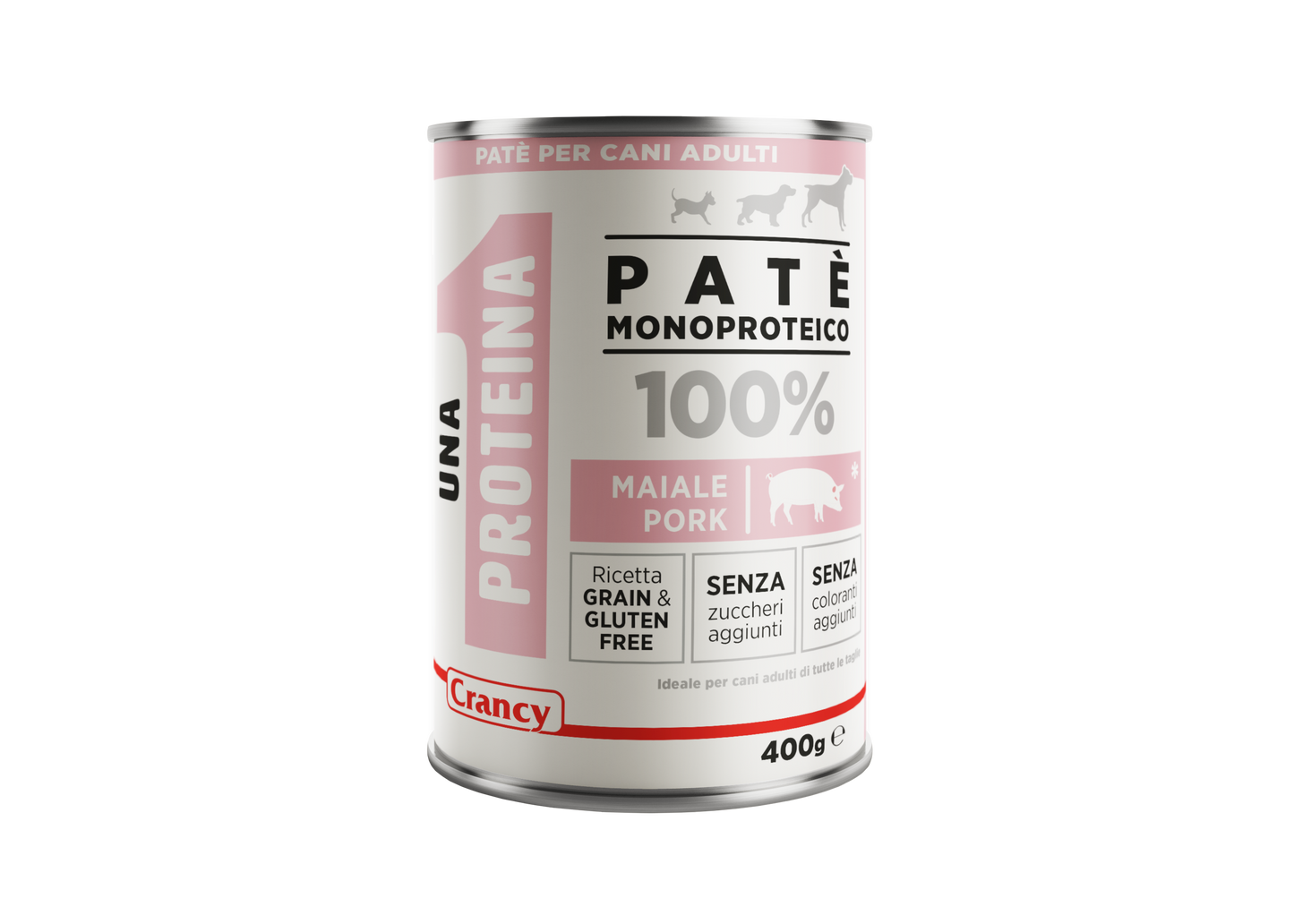 patè monoproteico cane, umido monoproteico cane, Crancy 1 Proteina umido cane, umido grain free cane maiale, cibo completo cane sensibile, alimentazione cane senza cereali