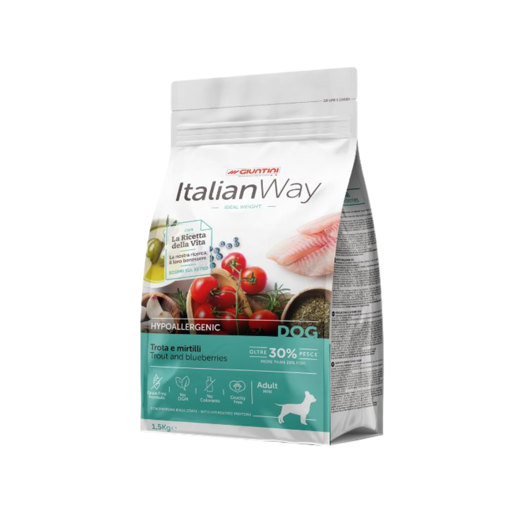 Italianway crocchette, crocchette trota mirtilli piccolo cane, crocchette grain-free light, ItalianWay Hypoallergenic Ideal Weight, cibo ipoallergenico mini cane, crocchette per sovrappeso cane, alimento pesce per cani sensibili, crocchette weight control small breed