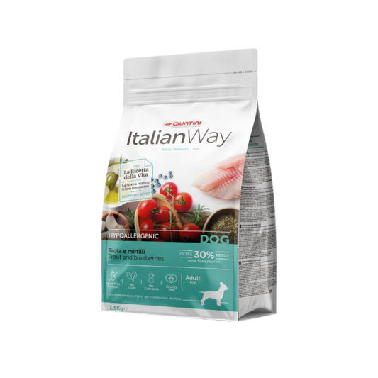 Italianway crocchette, crocchette trota mirtilli piccolo cane, crocchette grain-free light, ItalianWay Hypoallergenic Ideal Weight, cibo ipoallergenico mini cane, crocchette per sovrappeso cane, alimento pesce per cani sensibili, crocchette weight control small breed