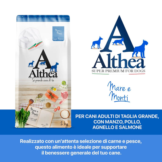Althea crocchette cane mini, crocchette per cani taglia piccola, Althea Mare e Monti, crocchette con salmone, alimento secco completo cani, crocchette con antiossidanti naturali, crocchette con omega 3 e 6, crocchette made in Puglia, crocchette mini per cani