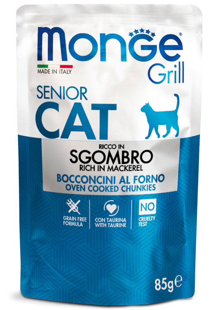 Monge - Buste di Sgombro in Bocconcini in Gelatina per Gatti Anziani Grill Grain Free Senior 85 g