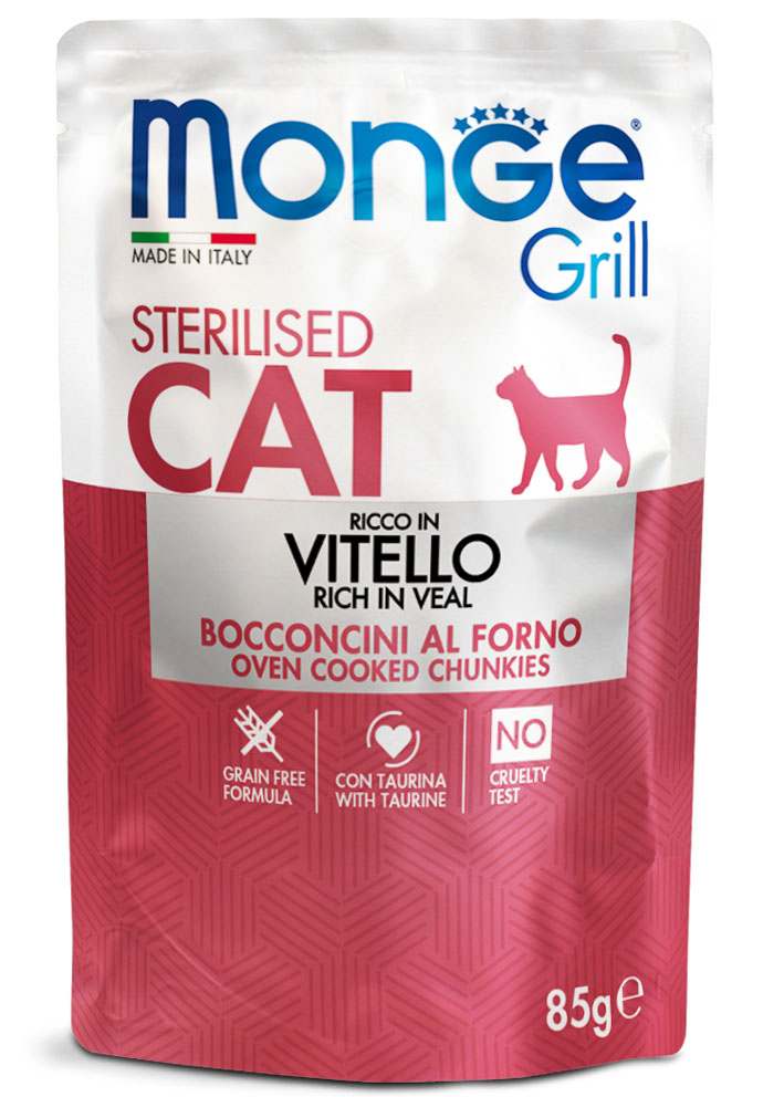 Monge - Buste di Bocconcini in Gelatina per Gatti Sterilizzati Grill Grain Free Sterilised 85 g
