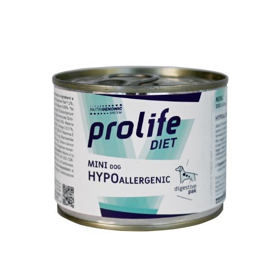 umido cane ipoallergenico, Prolife Hypoallergenic Mini, alimento dietetico cane piccola taglia, umido cane monoproteico cinghiale, cibo cane intolleranze alimentari, umido cane con olio di canapa, alimento cane omega 3 omega 6, cibo umido cane 200g, umido cane sensibile