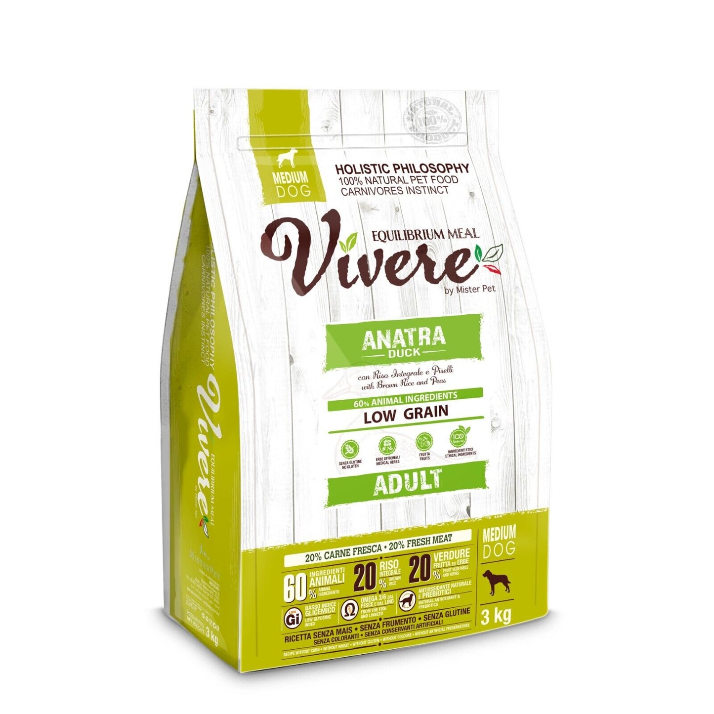 Vivere - Crocchette con Anatra a Basso contenuto di Cereali per Cani Adulti Medium 3 Kg