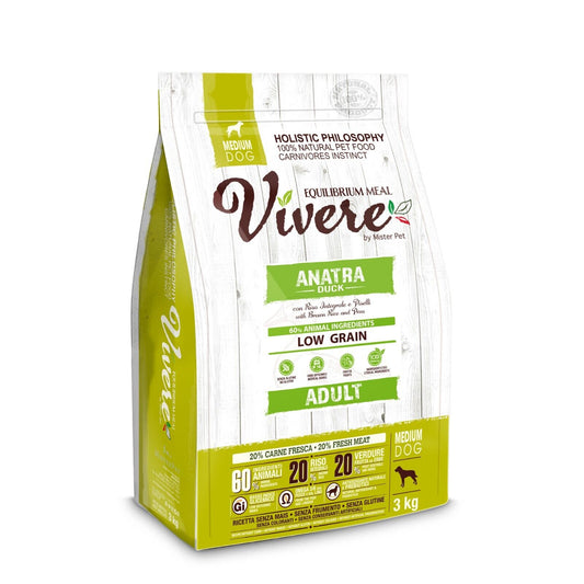 Vivere - Crocchette con Anatra a Basso contenuto di Cereali per Cani Adulti Medium 3 Kg