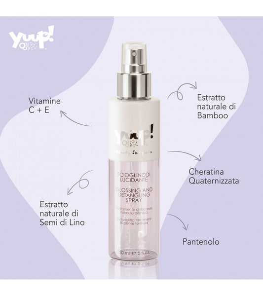 Yuup scioglinodi cani, spray districante per cani, lucidante per manto lungo, prodotto per pelo lungo cani, spray scioglinodi professionale, Yuup spray lucidante 150ml, districante per cani a pelo lungo, cosmetico naturale per cani, trattamento antinodi per toelettatura