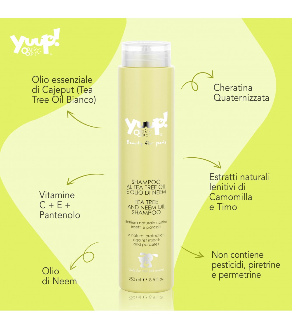 shampoo Tea Tree oil cani gatti 250 ml, Yuup Shampoo Olio di Neem e Tea Tree, shampoo barriera insetti parassiti cani gatti, shampoo naturale repelente zecche e pulci animali domestici, shampoo cane gatto cute sensibile Tea Tree Neem, shampoo effetto barriera naturale cani gatti Yuup!