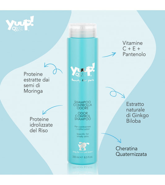 shampoo per cani controlla odore, shampoo Yuup cani, shampoo professionale per cani, shampoo antiodore cane, detergente naturale per cani, shampoo pelo lucente cane, shampoo per cani sensibili, shampoo igienizzante cane