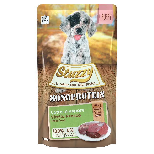 Stuzzy - Buste di Umido  al Vitello Monoproteico Cotto al Vapore per Cani Cuccioli Puppy 150g