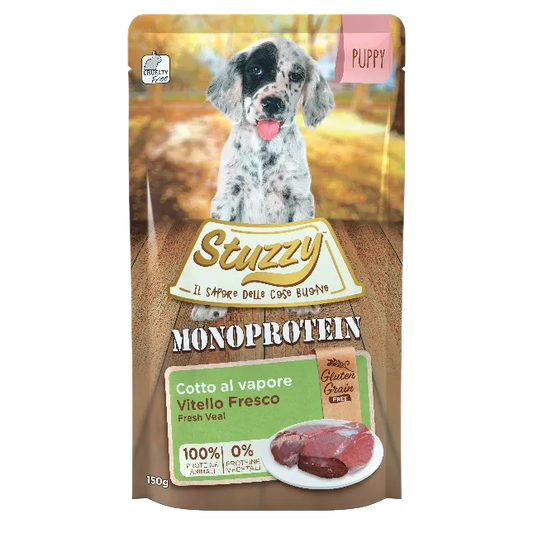 Stuzzy - Buste di Umido  al Vitello Monoproteico Cotto al Vapore per Cani Cuccioli Puppy 150g