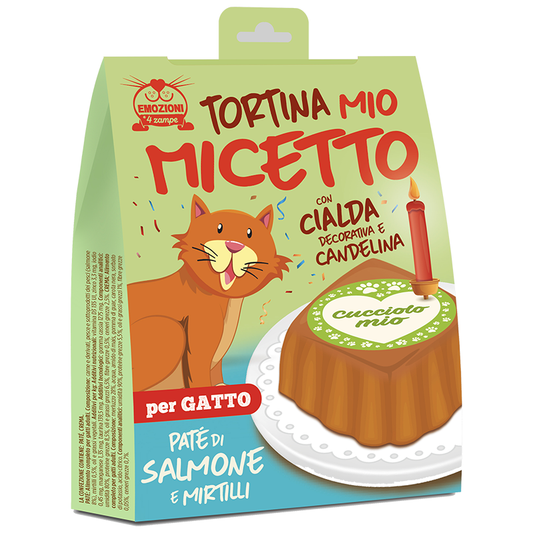 Tortina Mio Micetto al Patè di Salmone con Cialda e Candelina per Compleanno Gatti 90g - Emozioni a 4 Zampe