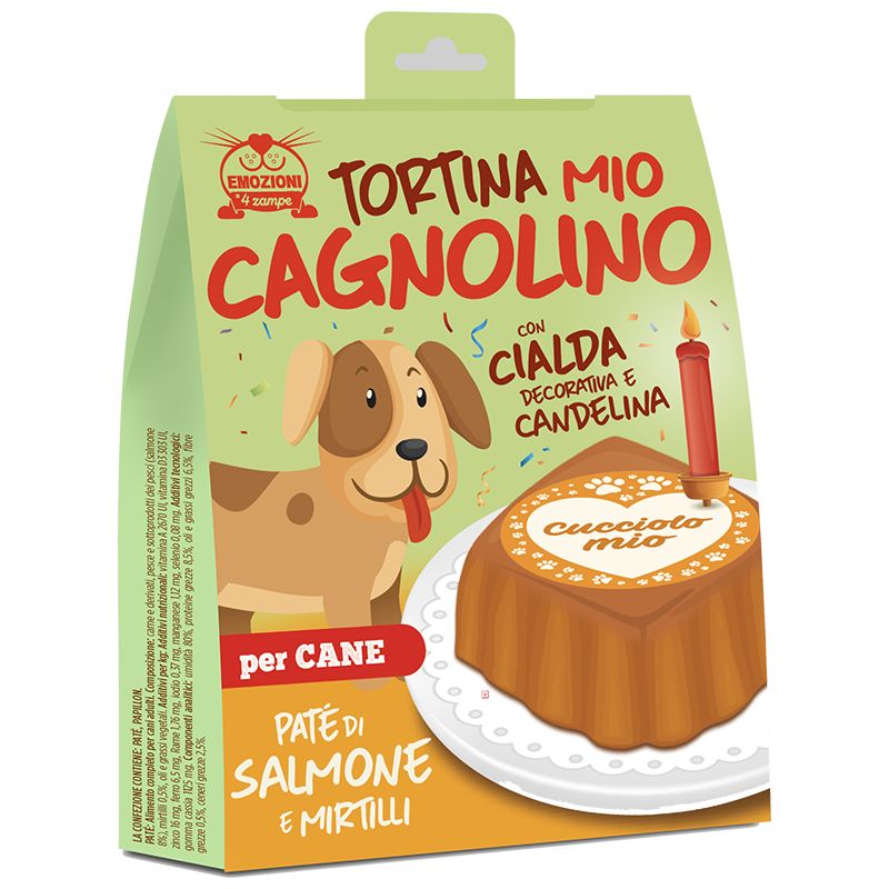 Tortina Mio Cagnolino al Patè di Salmone e Mirtilli con Cialda e Candelina per Compleanno Cani 90g - Emozioni a 4 Zampe