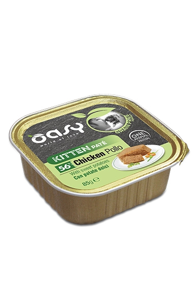 Oasy - Vaschette Kitten di Umido in Patè Monoproteico Senza Cereali per Gatti Cuccioli 85g