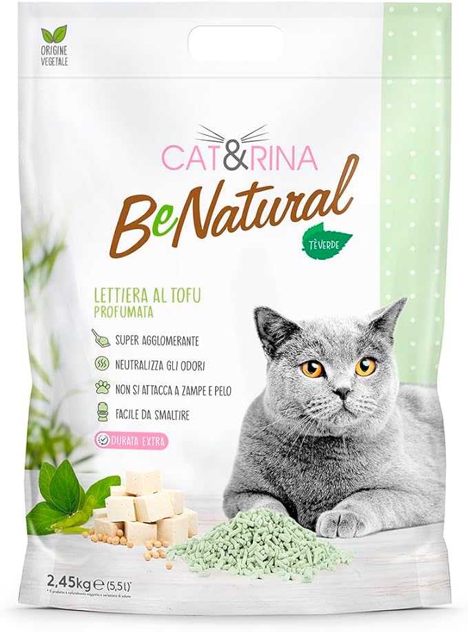 Cat&Rina - BeNatural Lettiera al Tè Verde con Tofu Ecologica Vegetale Agglomerante per Gatti 5,5 L