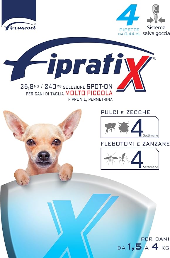 Formevet - Fipratix Antiparassitario Spot-on per Cani Fipratix 4 Pipette contro Pulci, Zecche, Flebotomi e Zanzare