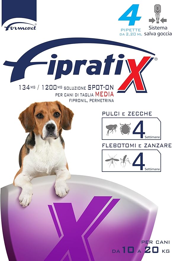 Formevet - Fipratix Antiparassitario Spot-on per Cani Fipratix 4 Pipette contro Pulci, Zecche, Flebotomi e Zanzare
