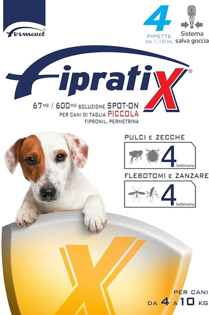 Formevet - Fipratix Antiparassitario Spot-on per Cani Fipratix 4 Pipette contro Pulci, Zecche, Flebotomi e Zanzare