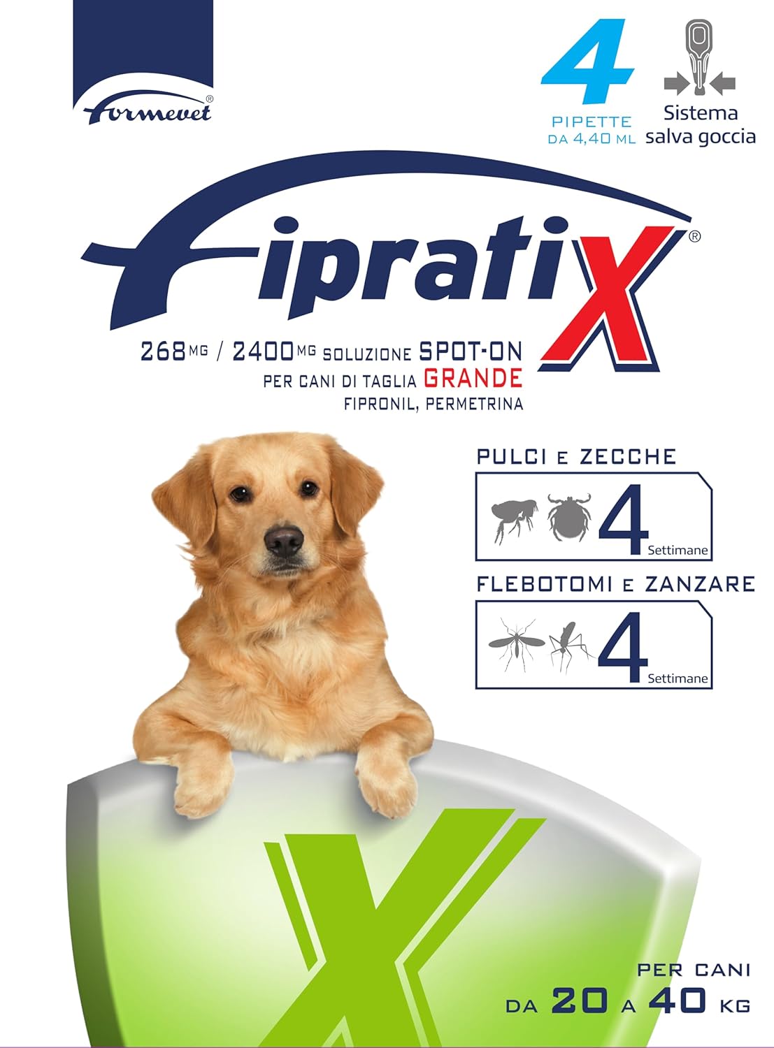 Formevet - Fipratix Antiparassitario Spot-on per Cani Fipratix 4 Pipette contro Pulci, Zecche, Flebotomi e Zanzare
