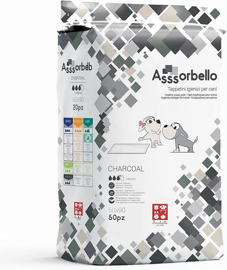 Ferribiella - Tappetino Igienico Assorbente Anti Strappo Asssorbello per Cani ai Carboni Attivi 50 Pezzi 60 x 90 cm